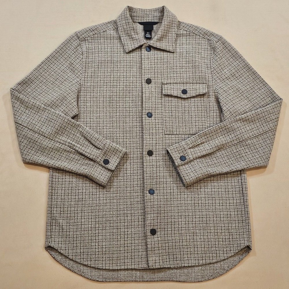 H&M Brown Checked Shacket Mens M Woven Collar Press-Studs Flap Pocket Collar